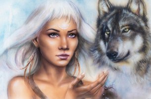 Mujer chamán con lobo