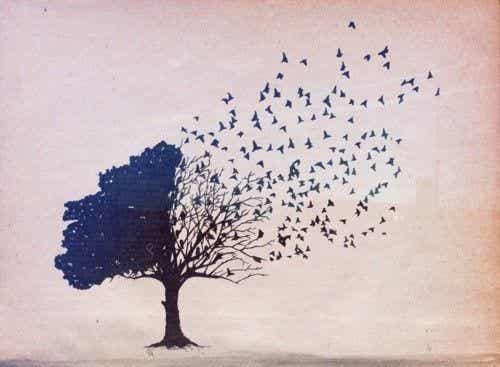 árbol deshaciéndose en pájaros simbolizando el efecto de los tomadores emocionales