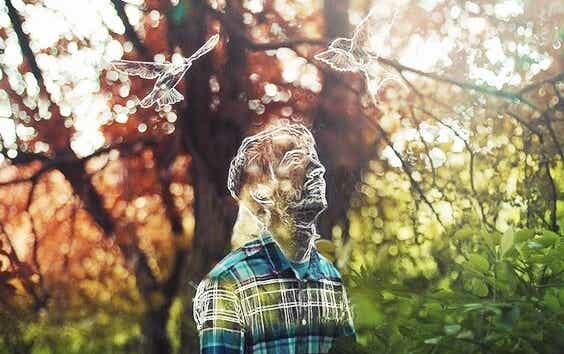 Mann denkt im Wald über gesunde Selbstliebe nach