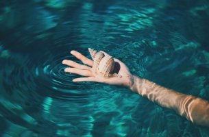 mano en el agua que sujeta caracol de mar simbolizando a alguien que busca aprender a priorizar