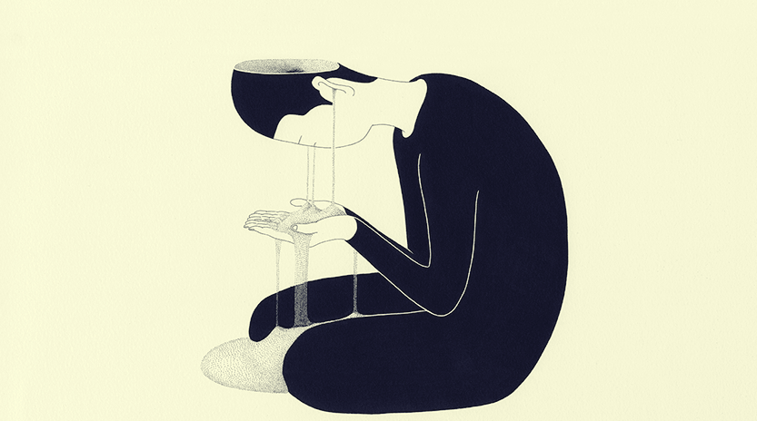 Hombre que se mira las manos y que que experimenta la pérdida de memoria por depresión