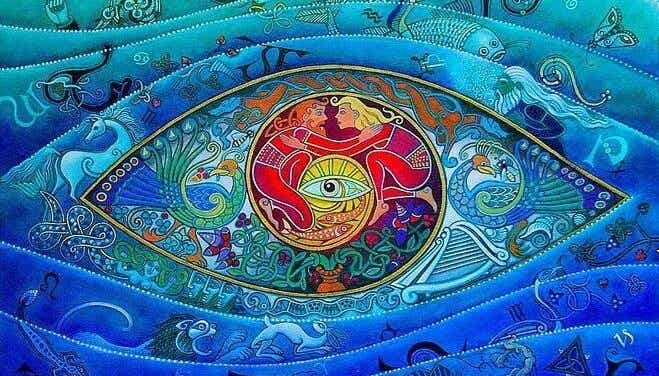 ojo rodeado de figuras simbolizando el inconsciente colectivo de Carl Jung
