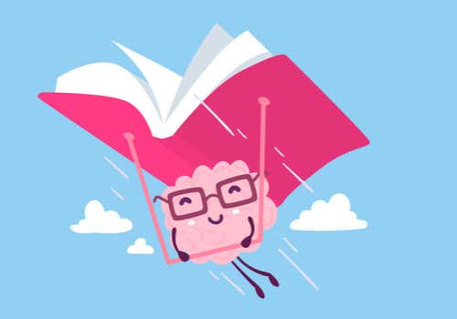 Cerebro volando con un libro para representar el efecto de la lectura en el cerebro