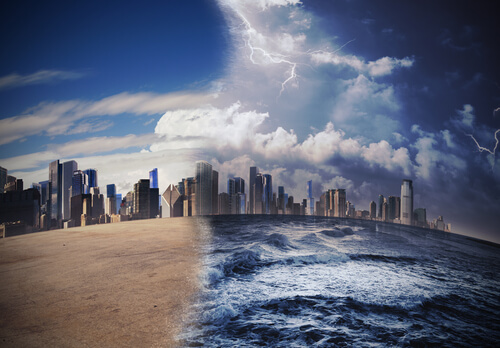 Ciudad afectada por el cambio climático representando la aversión a la solución