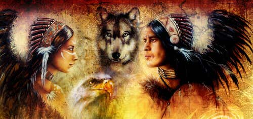 Mujer india con un lobo y un hombre indio simbolizando la medicina del lobo
