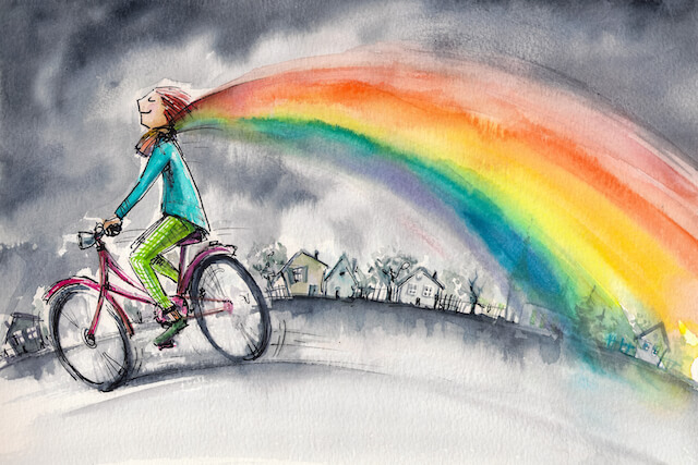 chica en bici con arcoiris simbolizando el espacio psicológico