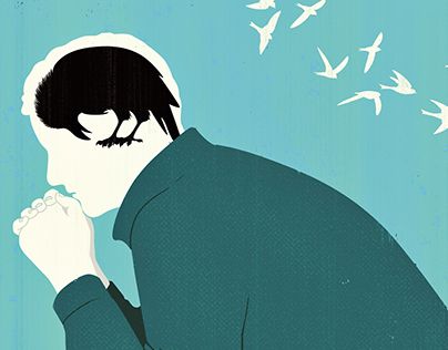 hombre con cuervo en la cabeza simbolizando los síntomas físicos de la depresión