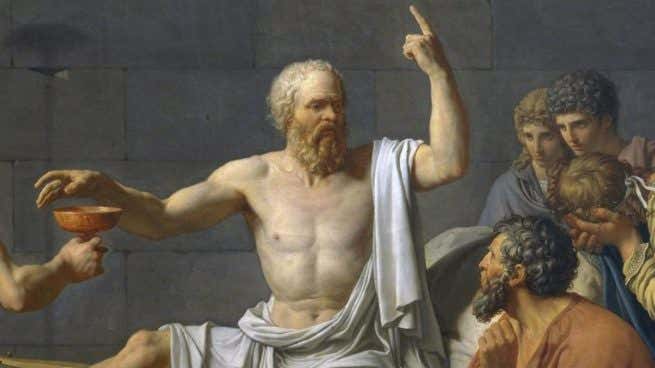 Platón señalando con un dedo hacia arriba