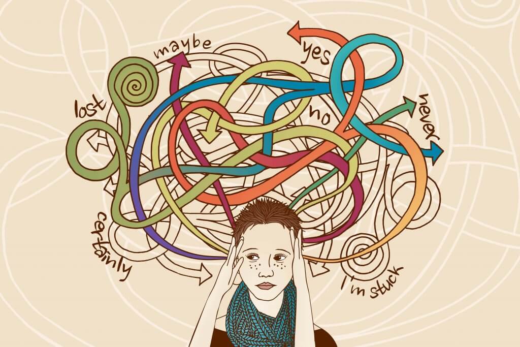 Mujer estresada pensando en muchas opciones