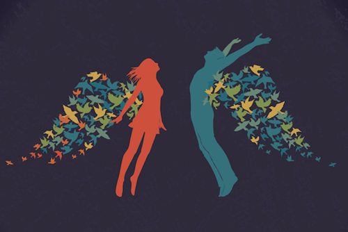 pareja con alas simbolizando que la la felicidad es un estado mental