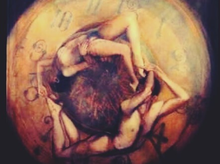 figuras alrededor de un reloj simbolizando las teorías de Wilhelm Reich