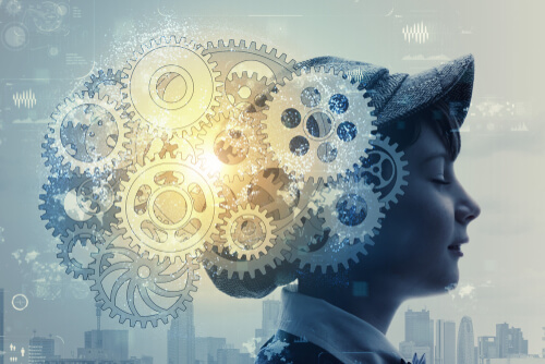 Mente de un niño con un mecanismo simulando la red neuronal por defecto