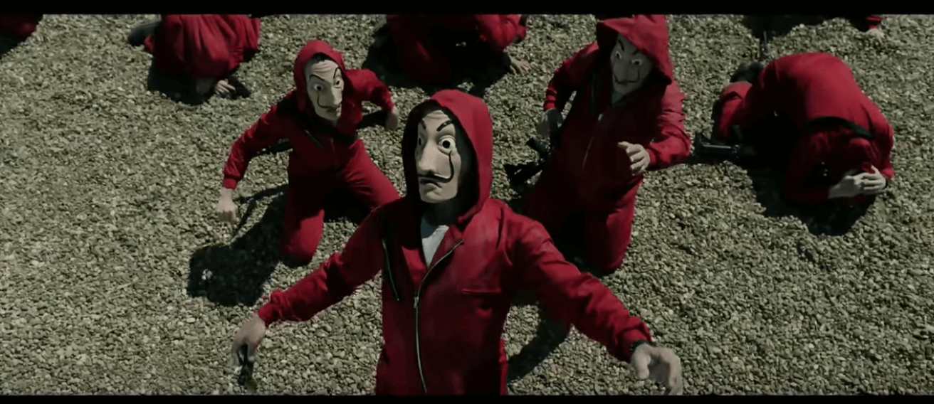 Personajes de la casa de papel con la máscara de Dalí