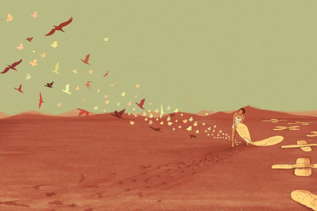 Mujer despegando una tirita del suelo de la que salen mariposas