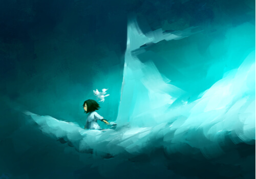 Niña navegando en una nube con forma de barco