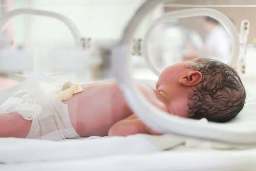 Bebé prematuro en una incubadora.