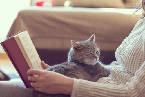 Mujer leyendo con un gato