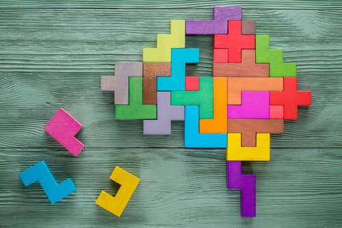 Cervello fatto di blocchi colorati per rappresentare il rapporto tra educazione e psicologia.