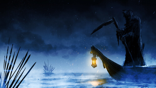Charon in a boat on the river Hades