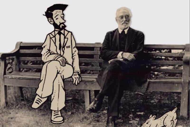 Unamuno sentado en un banco junto a un personaje