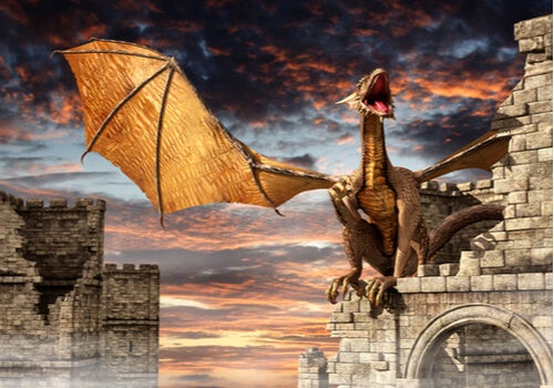 Dragon guarding a castle