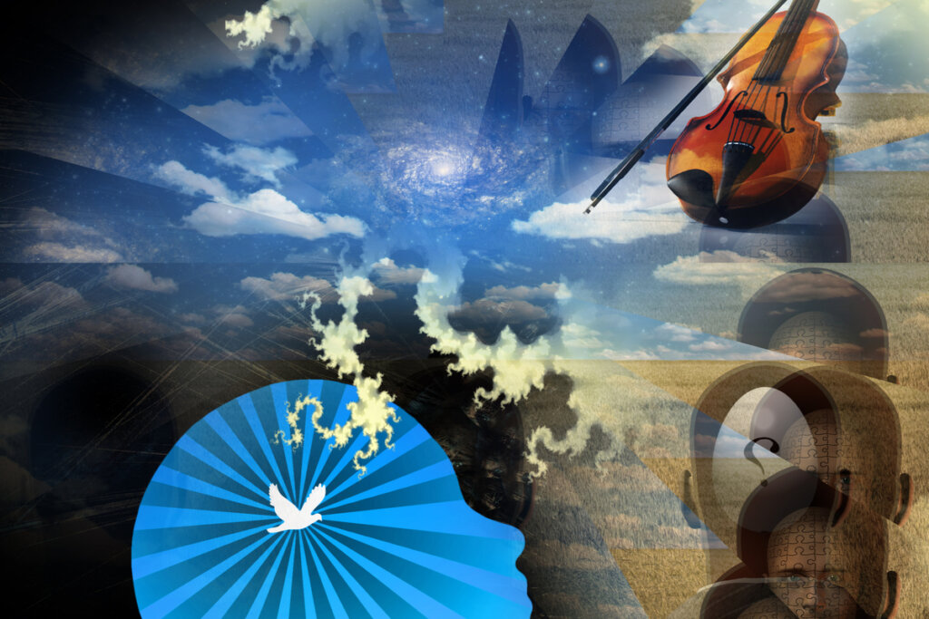 Pintura de una mente, el cielo y un violín