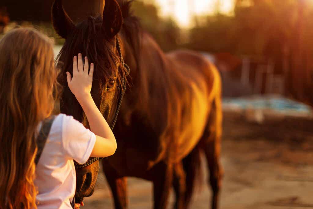 Mujer superando su miedo a los caballos