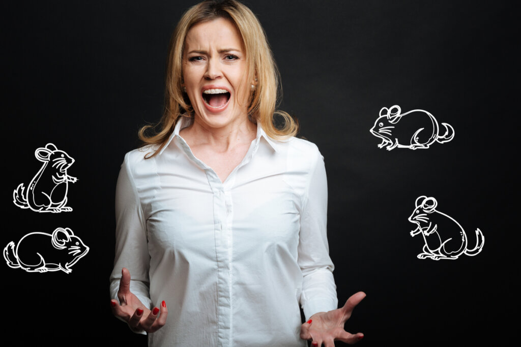 Mujer gritando por miedo a los ratones