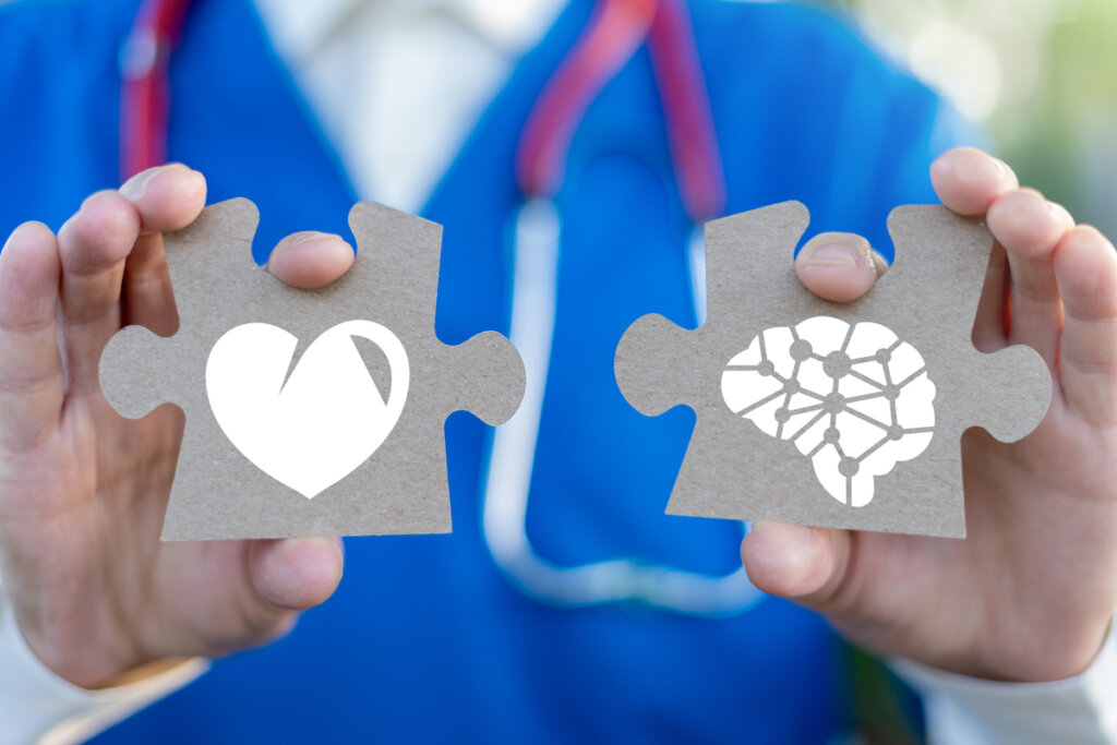 Médico con pieza con un cerebro y con pieza con un corazón