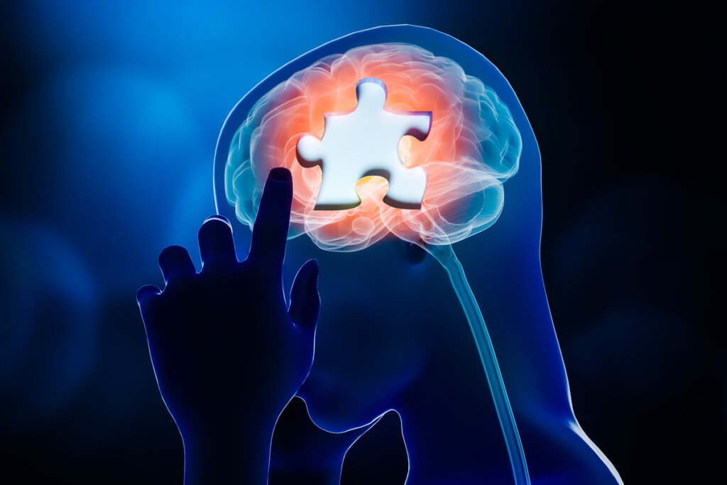 Persona con pieza de puzzle en la cabeza