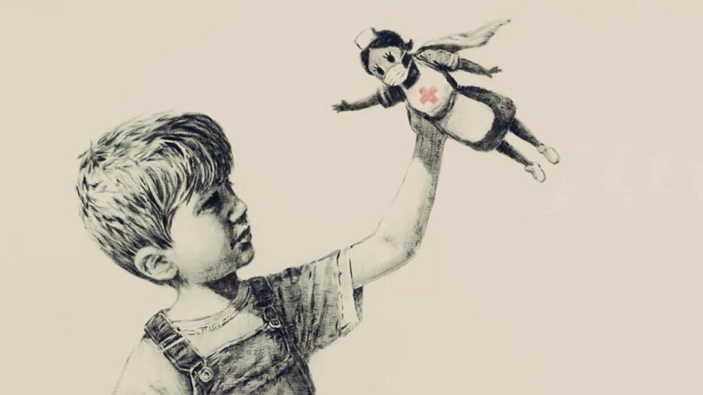 Niño con enfermera representando las lecciones de vida de Bansky