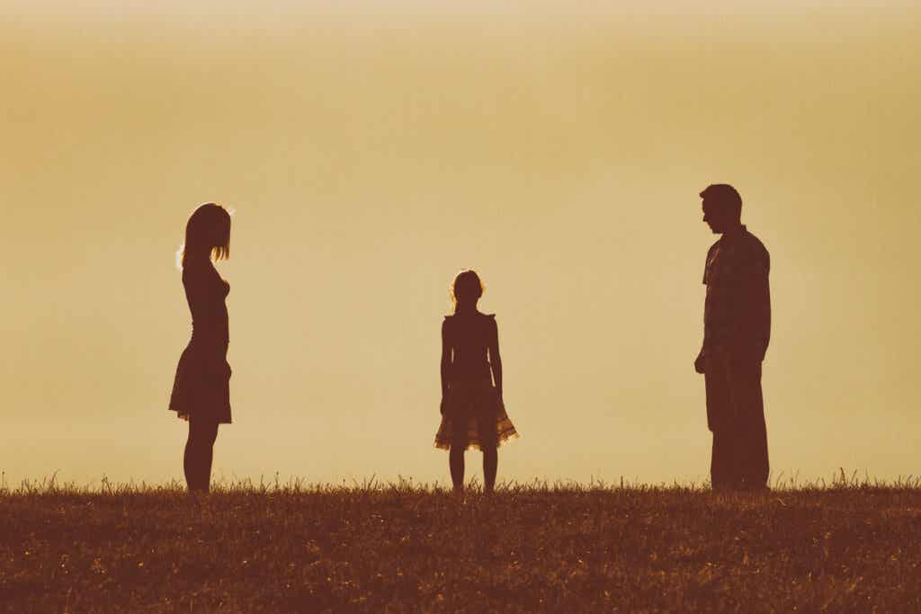 Separated parents and their daughter in the middle symbolizing family beliefs