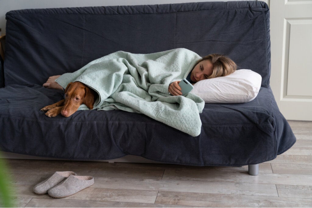 procrastination d'une femme sur le canapé avec son chien