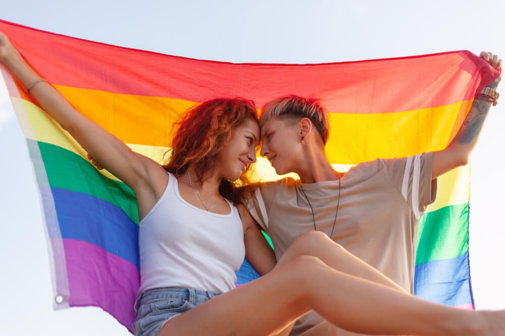 Homoseksuelt par med regnbueflag