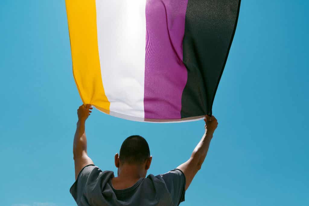 Persona con una bandera de género no binario