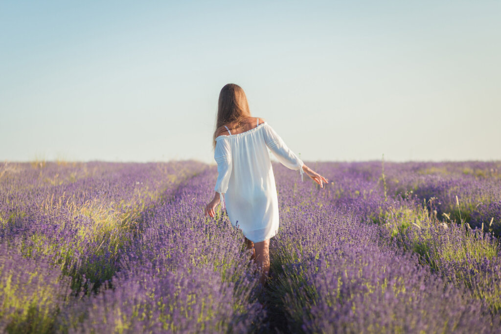 Fille dans un champ de lavande se demandant pourquoi il est difficile pour nous d'être heureux