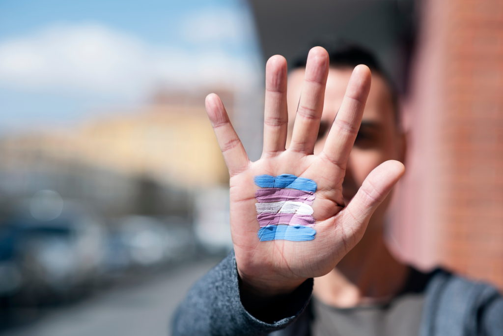 Mão com uma bandeira trans