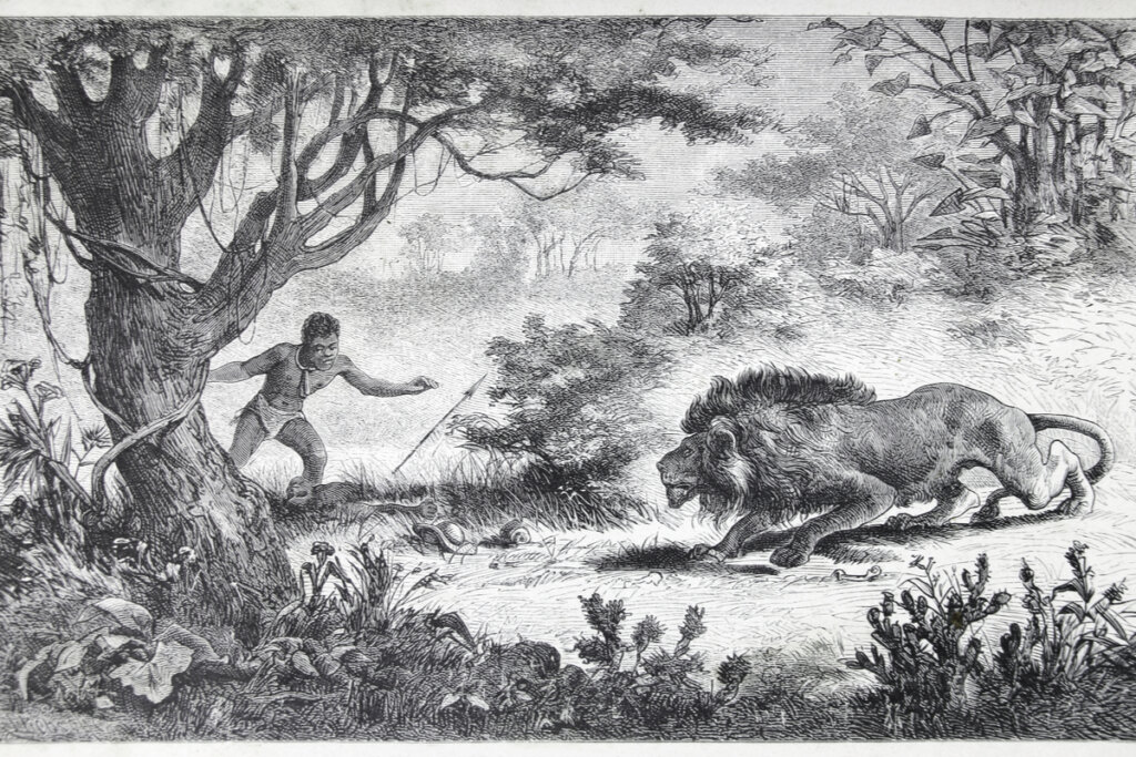 Ilustración de un hombre primitivo con un león