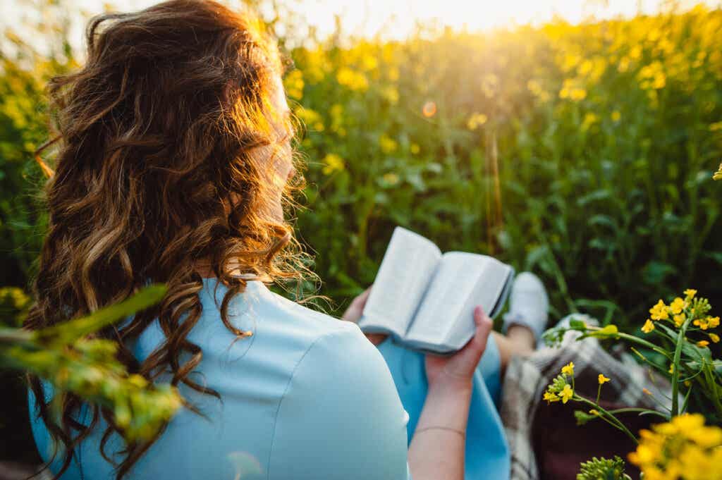 Vrouw leest in een veld