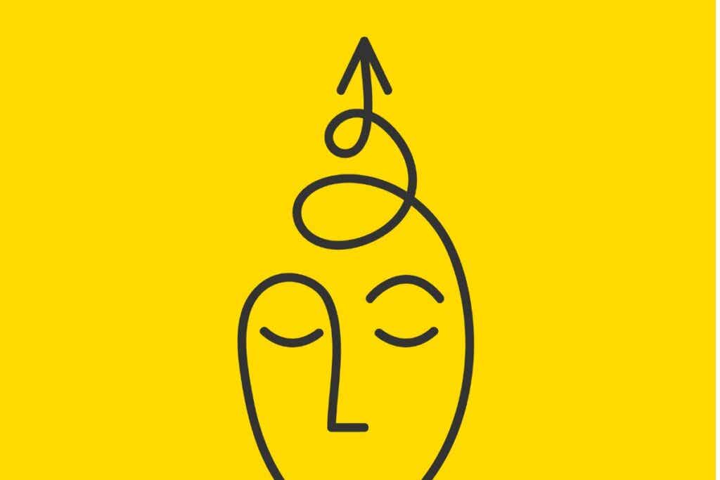Boceto de cabeza humana en un fondo amarillo y con una flecha en forma de espiral