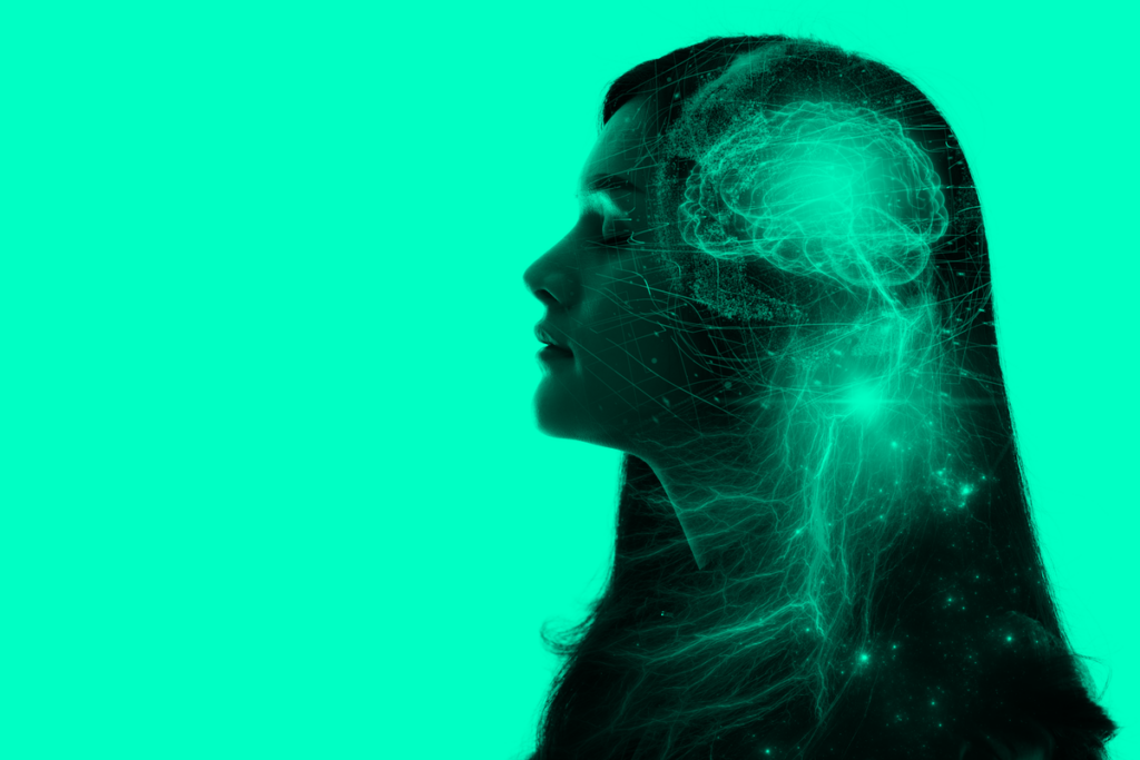 Nevrale forbindelser av en kvinnes hjerne som symboliserer dype tenkere og overdrevne tenkere