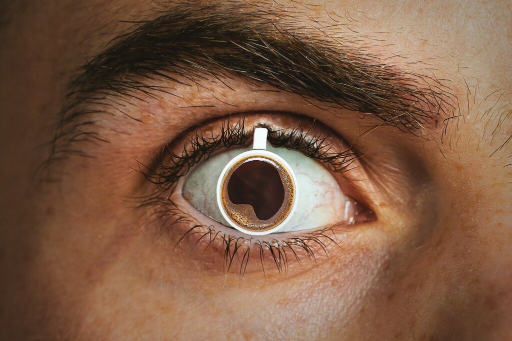Hombre con taza de café en el ojo