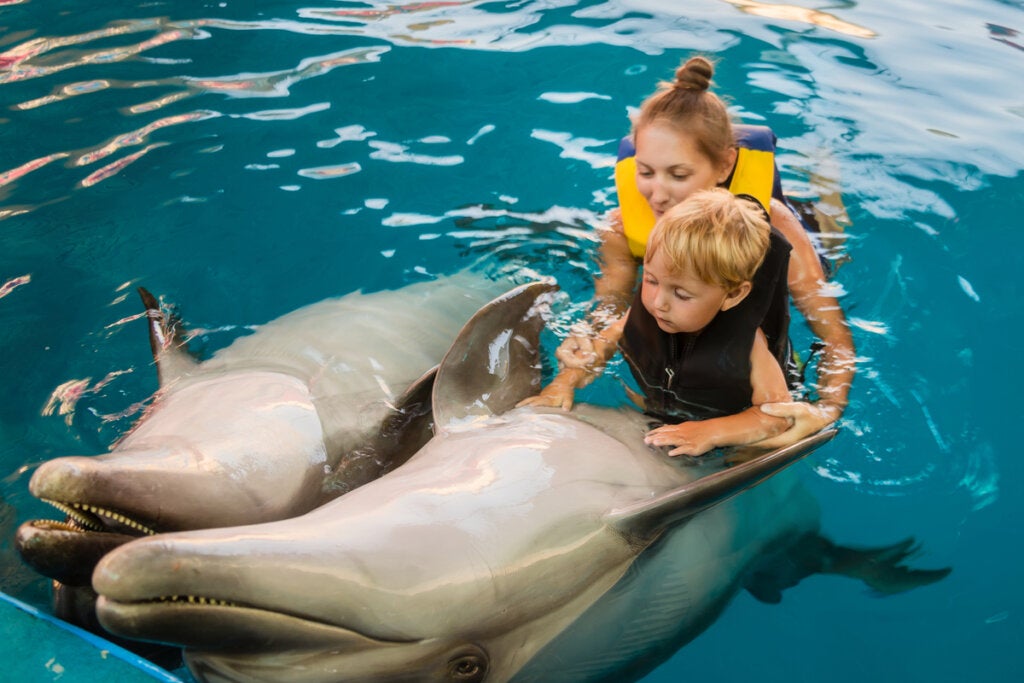 Vrouw en kind met dolfijnen