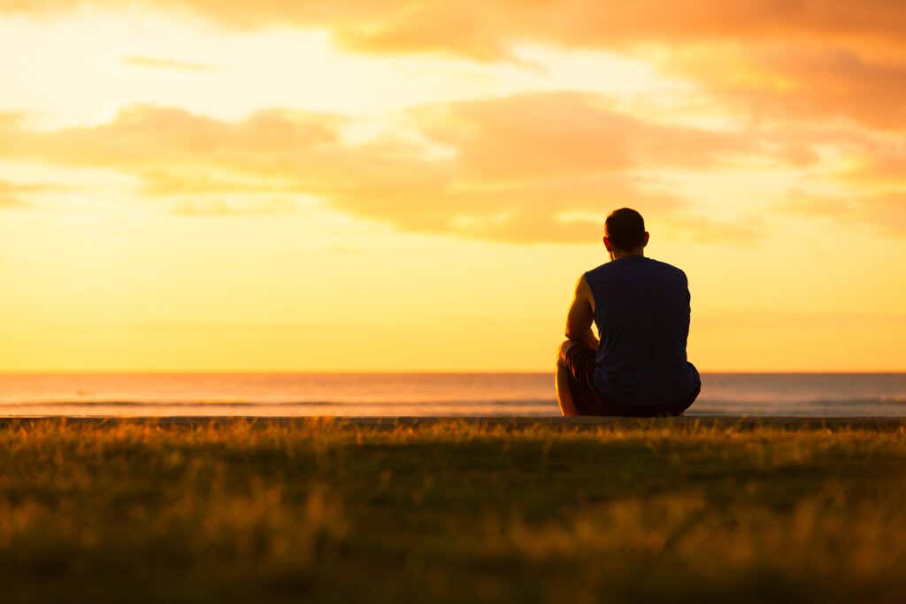 Mann beobachtet Sonnenuntergang und denkt an die Metapher des Igels