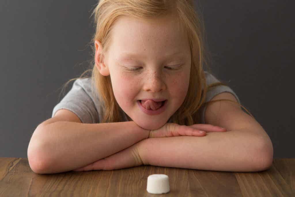 Kind nimmt an Marshmallow-Test über Impulskontrolle teil