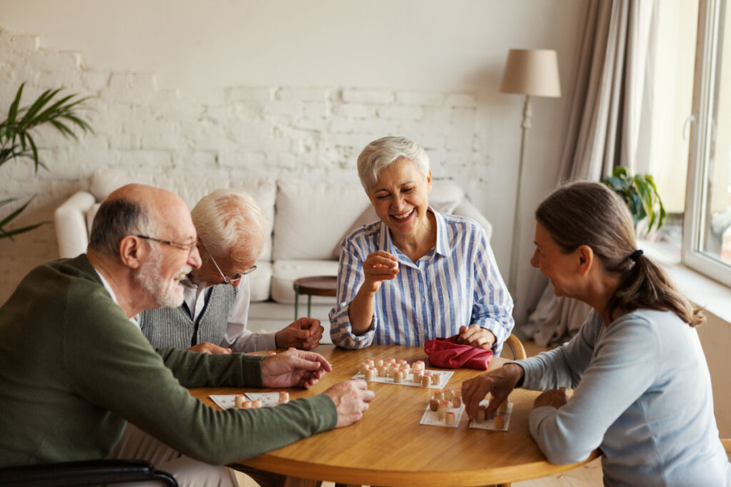 Seniors playing board games