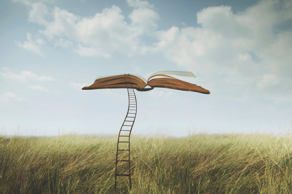 Book on ladder in the field