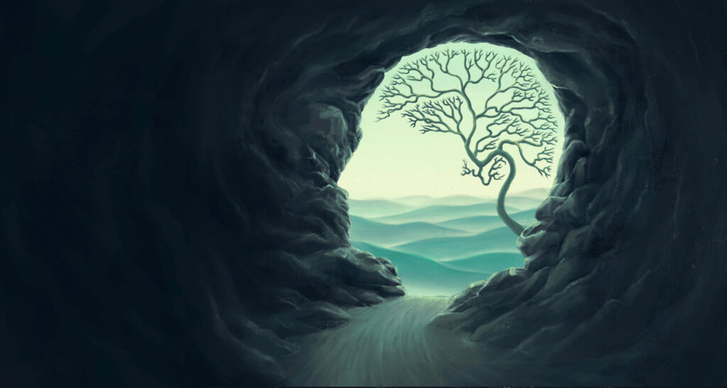 Forme de visage humain avec des branches qui simulent le cerveau