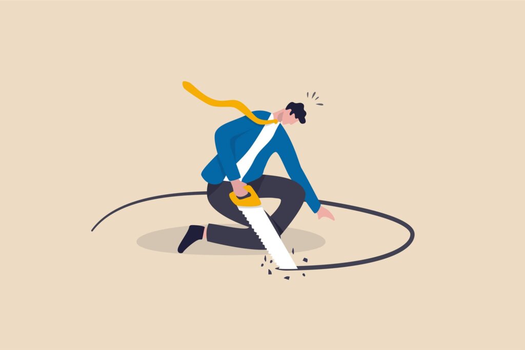 Image of a man sawing a circle he is standing on, to represent Bonhoeffer's theory of stupidity