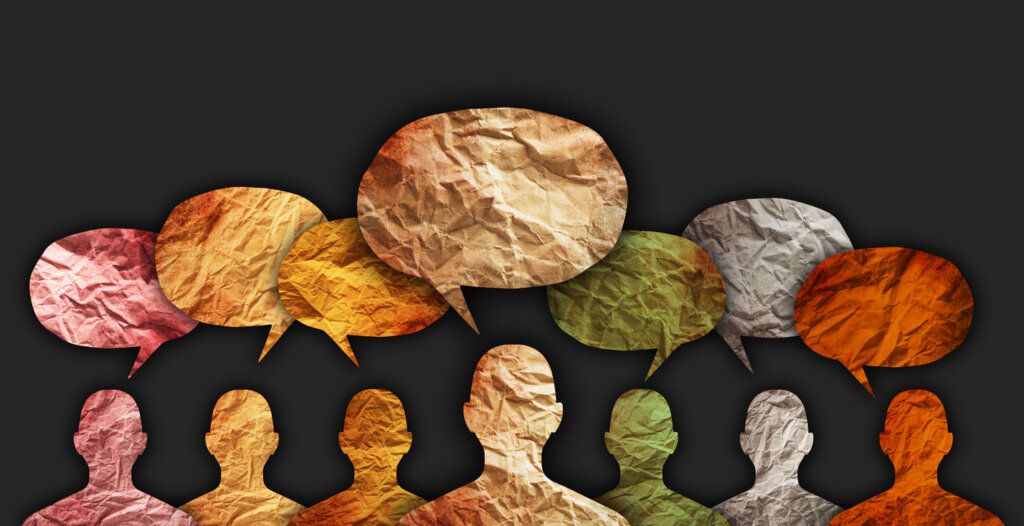 Illustration de diverses personnes sur papier symbolisant leurs pensées individuelles dans le cadre de la philosophie de Bertrand Russell
